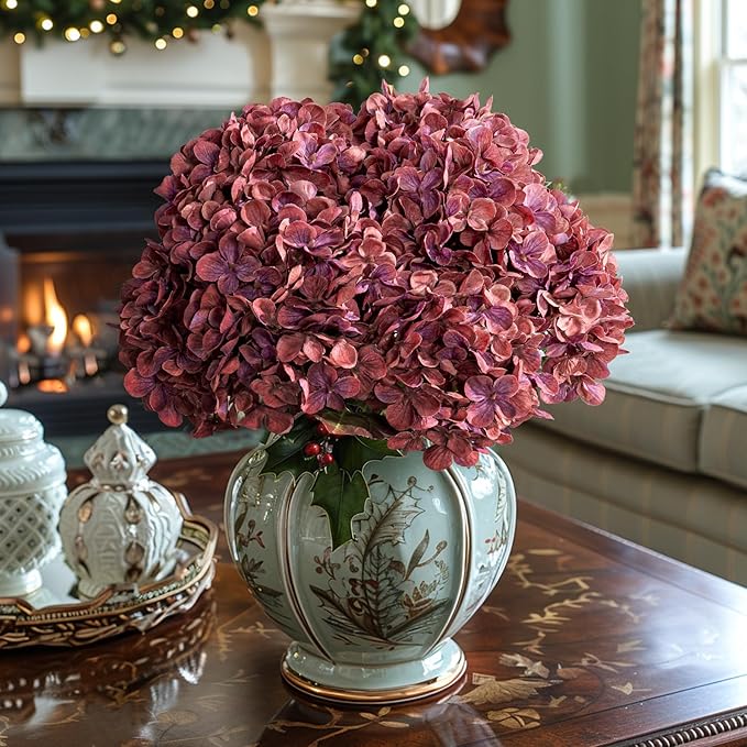 Artificial Flower Fake Silk Hydrangea Heads Bouquet with Stems Bulk for Fall Decoration Table Center Christmas Indoor Outdoor Faux Floral Realistic with Leaves Plants Crafts 8PCS(Rose red)