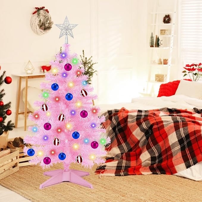 [ Remote Control & 12 Modes ] 3 Ft Christmas Tree with Timer 50 Warm White & Multi Color Lights, 15 DIY Ornaments 3D Star Topper - Artificial Small Pink Christmas Tree for Home Indoor Tables - Pink