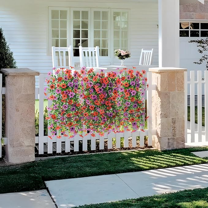 Artificial Fake Flowers Plants for Outdoor Spring Summer Decoration, 2 PCS Faux Silk Daisy Flower UV Resistant Look Real for Outside Patio Porch Garden Balcony Home Summer Decor(Red Purple)