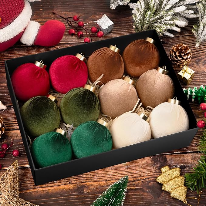 Festiva Christmas Tree Ornaments Velvet Balls - 12 Pcs 6 Color Shatterproof Christmas Tree Ornaments Velvet 3.15 Inch Balls, for Xmas Wedding Party Holiday Decorations (Gift Box)