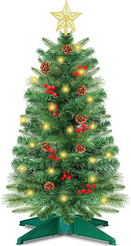 3 Ft Green Christmas Tree with Lights, Timer 8 Modes DIY 50 Warm White Lights Battery Operated Small Artifical Full Xmas Tree Pine Needles Cones Red Berry for Tabletop Home Indoor Holiday Party Decor
