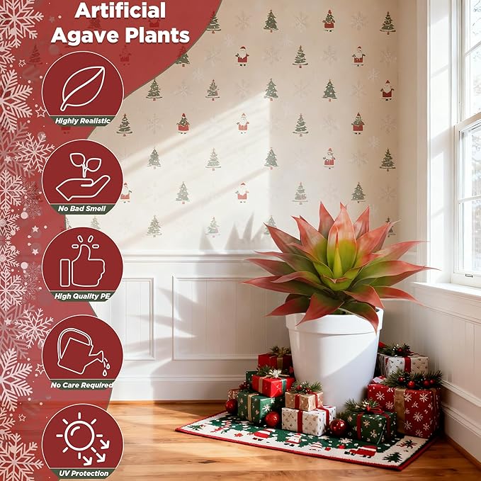 24 Inch Red Artificial Agave Plant with Ground Stake, Realistic Faux Succulents for Home Decor, UV-Resistant Fake Agave Plant for Indoor Outdoor Planters, Porch, Patio, Balcony, Poolside, 2 Pack
