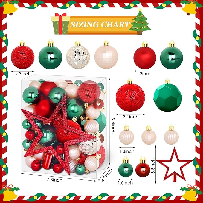 TranquilBliss 50 Pcs Christmas Ornaments Set with Strings, Christmas Ball Ornaments Set with Hanging Strings, Shatterproof Christmas Decorations Ornaments for Xmas Tree (Red and Green)