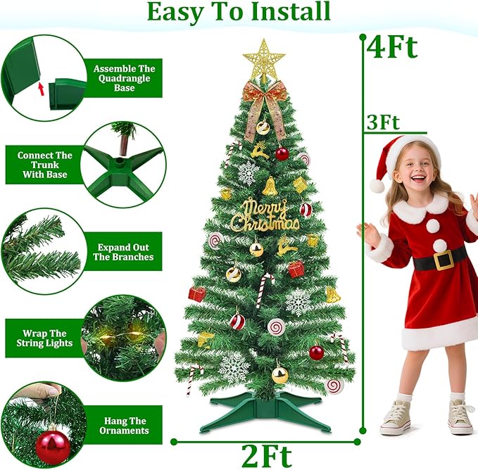 [ 71 Ornaments ] 4 Ft Artificial Christmas Tree with 100 Warm White Light 3D Star Merry Christmas Sign Ball Bow Deer Snowflake Gift Box Timer Battery Operated Xmas Tree for Indoor Home Decoration