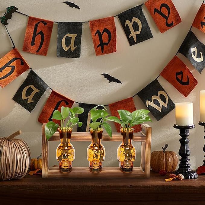 Plant Terrarium Propagation Stations Hydroponics Halloween Skull Planter Vase Skulls Decor with Wooden Stand Gift for Father