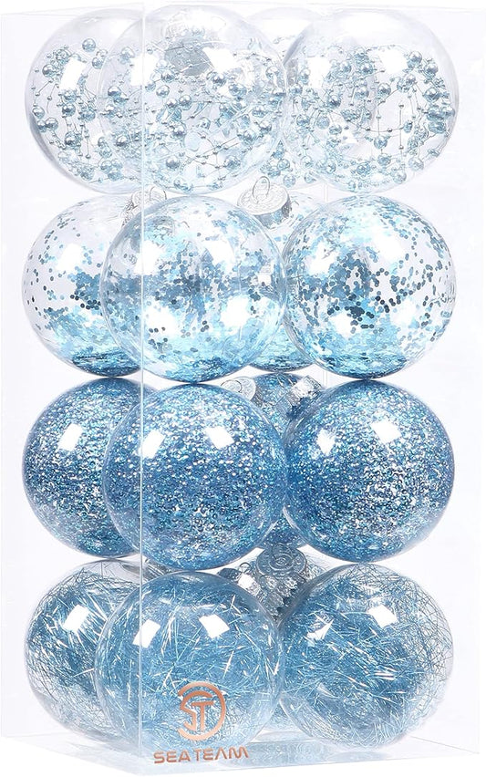 Sea Team Shatterproof Clear Plastic Christmas Ball Ornaments Decorative Xmas Balls Baubles Set with Stuffed Delicate Decorations (100mm/3.94 inch 16-Pack, Babyblue)