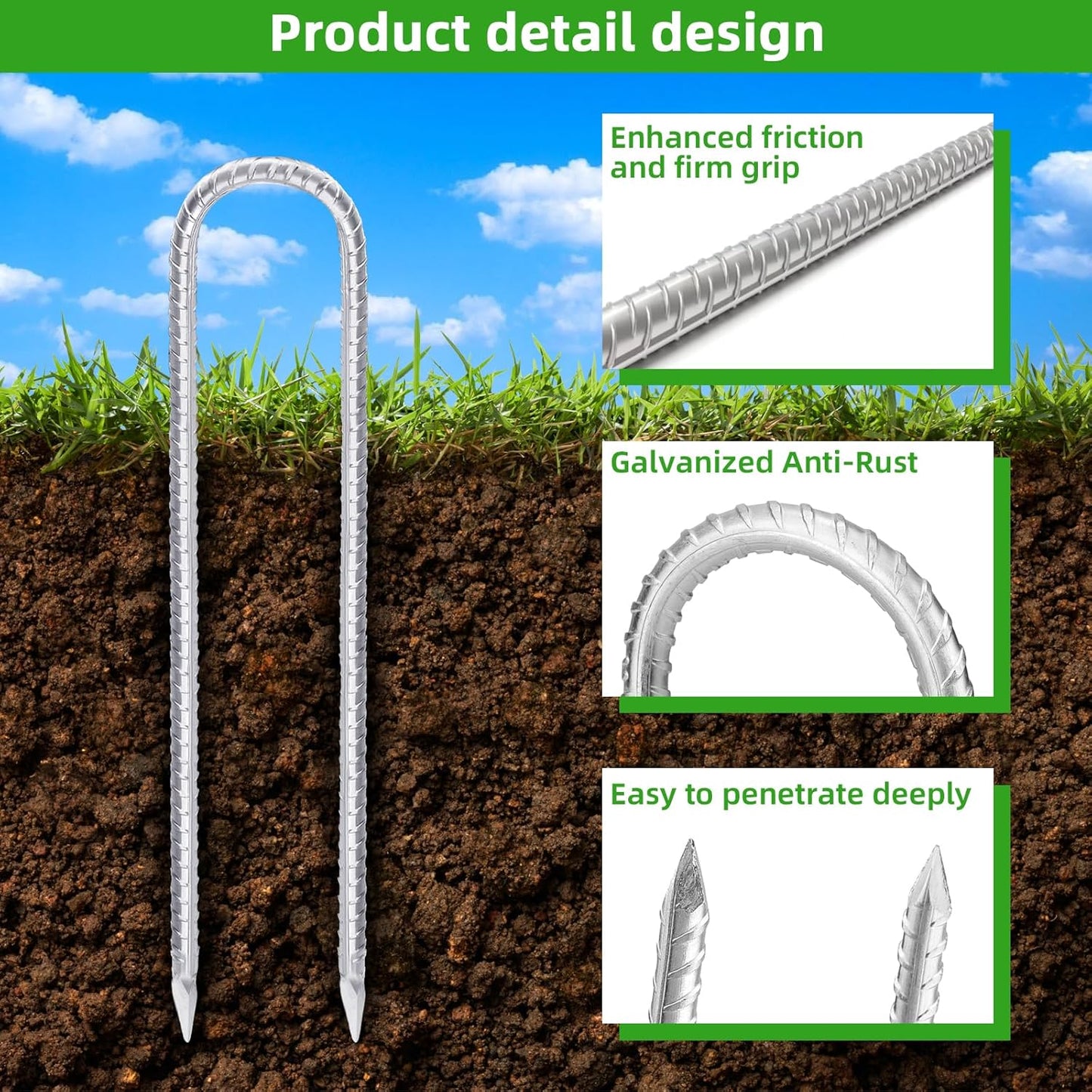 Trampoline Stakes Anchors High Wind 16inx10mm Galvanized U Hook 10pcs Rebar Stakes – Heavy Duty Ground Anchors for Trampoline,Yard & Inflatable,Landscape Metal Stakes for Outdoor Decorations