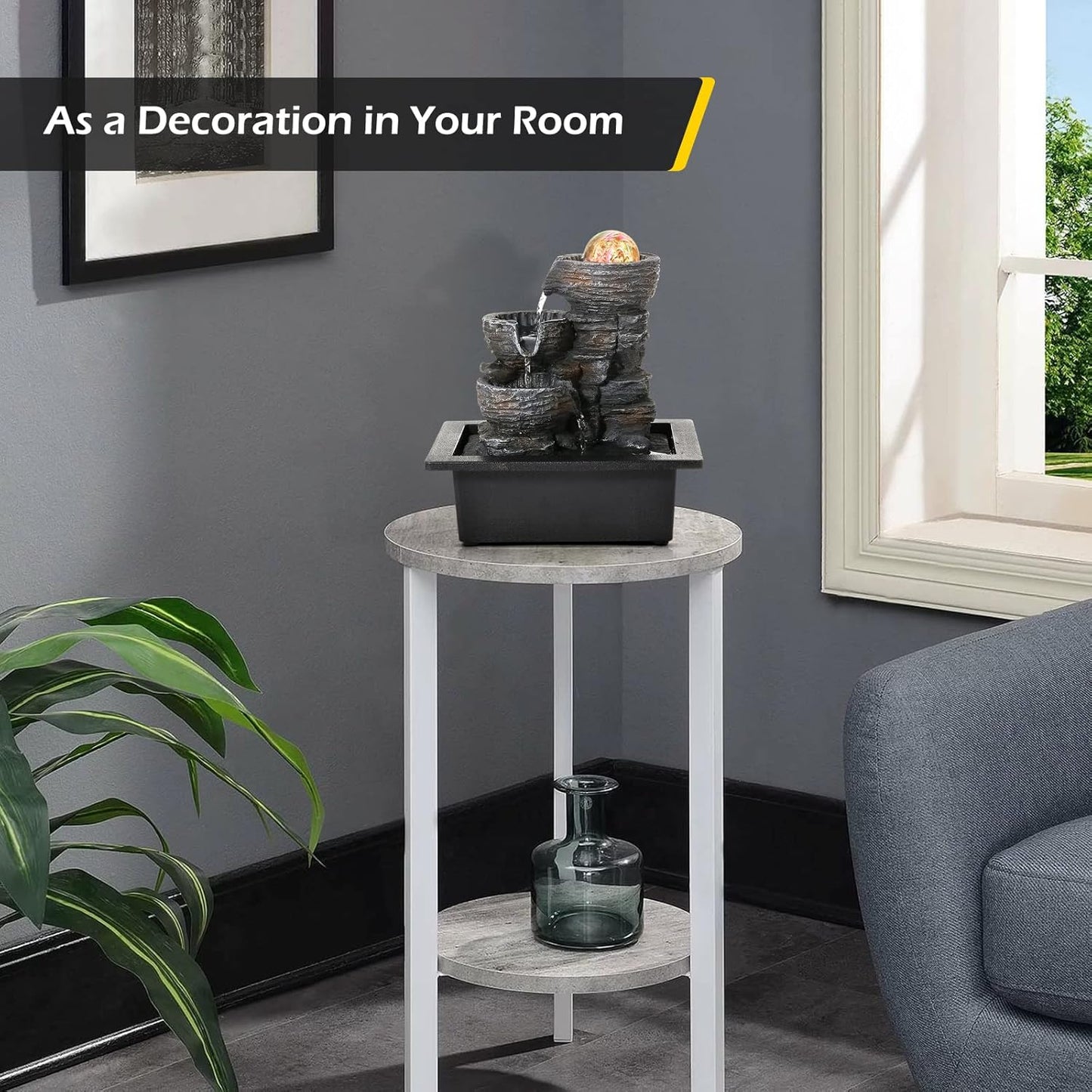 Dyna-Living Water Fountains Indoor Tabletop Fountain with Pump Waterfall Fountain Indoor Coloured LED Lights Desk Water Fountains for Home Office Decor Style 1