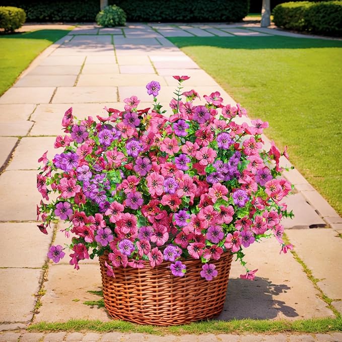 SHIAWASENA Realistic Outdoor Fake Plants Flowers, Artificial Flowers, UV Resistant, 12 Bundles Faux Silk Colorful Violet Flowers Bouquet with Eucalyptus (Rose Red & Purple)