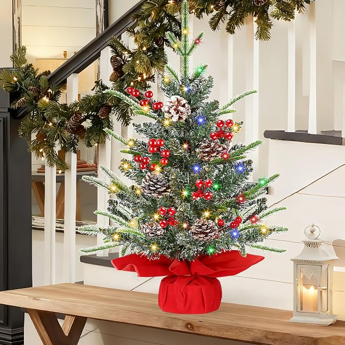 [ Timer & 8 Modes] 24 Inch Realistic Snowy Tabletop Christmas Tree PE&PVC Branches Mini Christmas Tree with 50 Warm White & Muliti Lights Red Berries Pine Cone Indoor Home Christmas Decorations