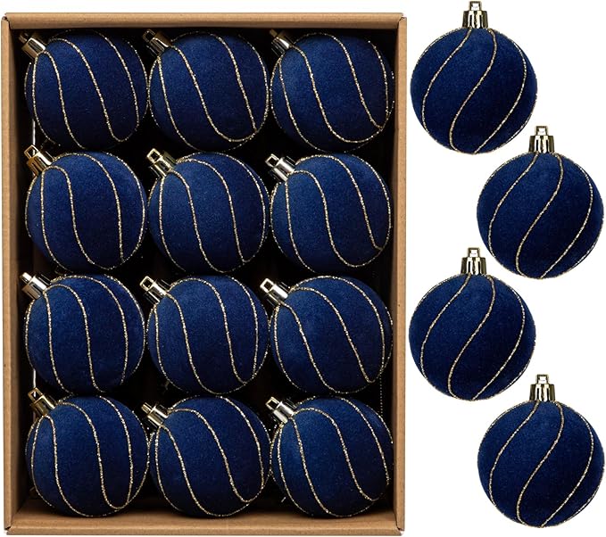 24PCS Velvet Christmas Ball Ornaments Set, 2.36" Shatterproof Baubles for Christmas Tree Decorations, Gold-Lined Hanging Baubles with Velvet Finish for Thanksgiving Holiday Party Décor, Navy Blue