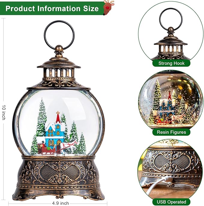 Christmas Snow Globes Christmas Water Lantern with Carriage Blue Church, Music & 6H Timer, USB Lined/Battery Operated Lighted Lanterns for Xmas Festival Decoration Gifts