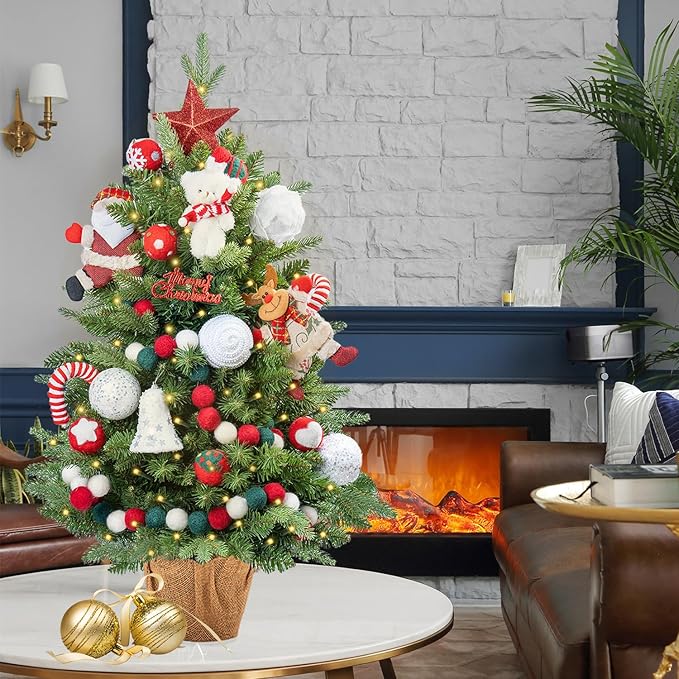 3FT Pre-lit Artificial Mini Christmas Tree, Tabletop Christmas Tree, 50 LED Lights and Cloth Bag Base, Perfect for Indoor Outdoor Decoration