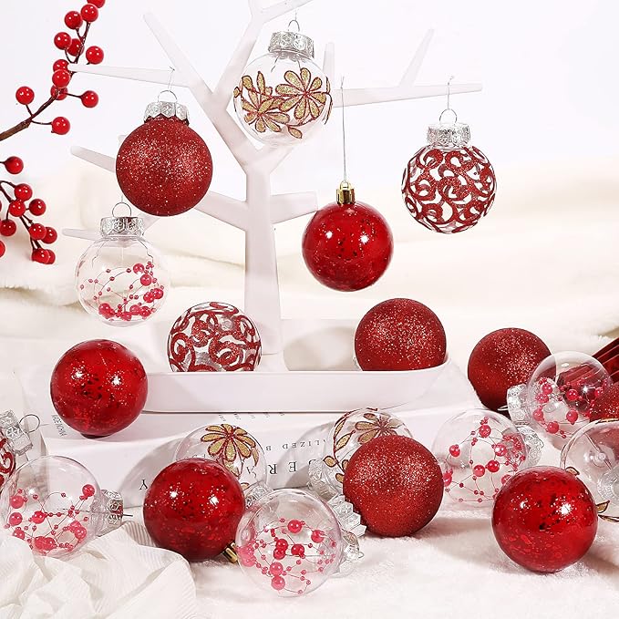 60mm/2.36inch Clear Christmas Ball Ornaments Set, 30 ct Red Christmas Ornaments Balls for Christmas Tree Decorations Shatterproof Transparent Baubles with Delicate Stuffed Decoration for Wedding Party