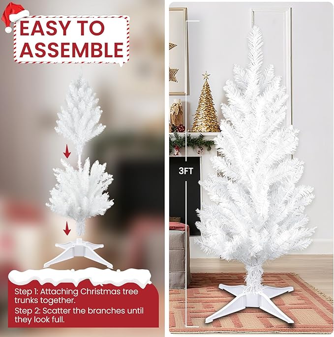 3FT Small Christmas Tree, Artificial Tabletop Mini Christmas Tree, Easy Assembly, Not Pre-lit, Ideal for Home, Office, and Xmas Home Party Decoration, White