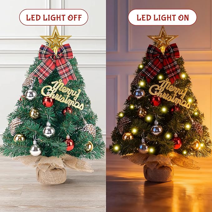 Prelit Mini Christmas Tree Tabletop with LED Lights, 2ft Artificial Xmas Tree with Treetop Star and Hanging Ornaments Small Christmas Trees Decoration for Home Cafe Office Desk, Green