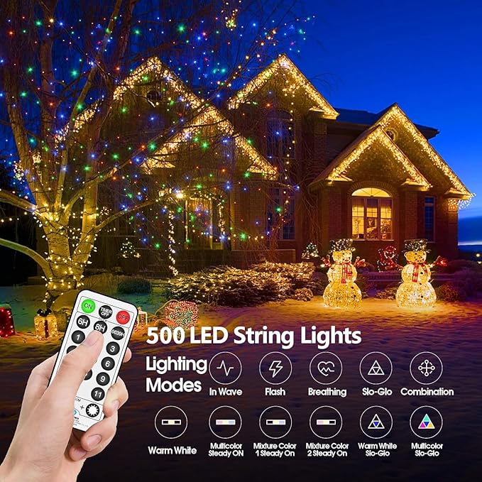 200 FT 500 LED Christmas Lights Outdoor Decorations Fairy Lights Waterproof 11 Modes Timer Clear Wire String Lights for Outside House Tree Patio Yard Wedding Party Holiday-Multicolored To Warm White