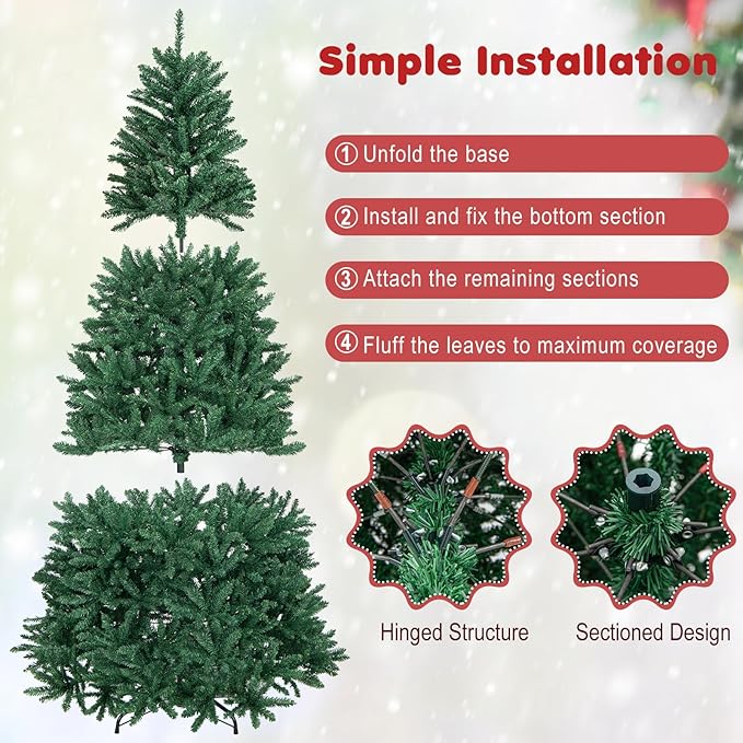 HAPPYGRILL 7.5FT Artificial Xmas Tree, Hinged Fake Xmas Tree with 2254 PVC Branch Tips, Foldable Metal Stand, A Pair of Gloves, Seasonal Decoration Tree for Home Office Party Festival