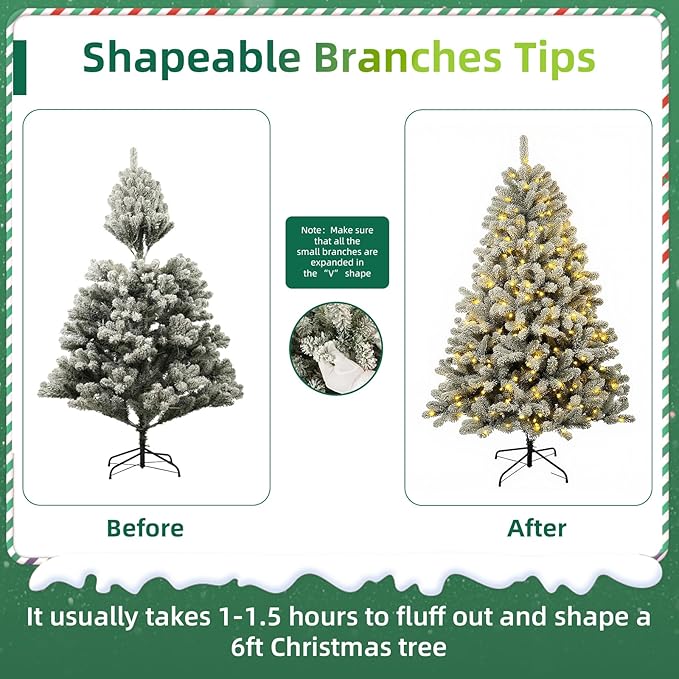 6ft Pre-Lit Snow Flocked Christmas Tree with 300 White Lights, 840 Full PVC Branch Tips,Mixed Green & White, Hinged Quick-Assembly Design, Lush Artificial Xmas Tree for Holiday Home Décor