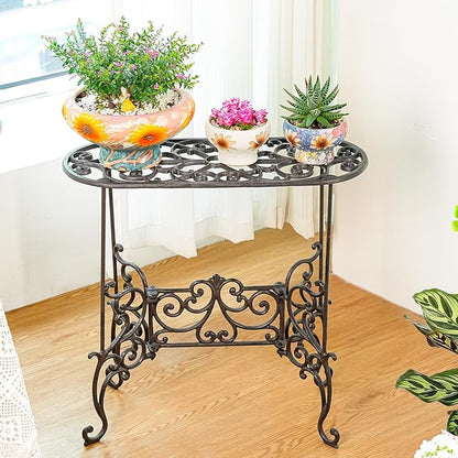 Sungmor Heavy Duty Cast Iron Potted Plant Stand Garden Table - 22.6IN. 1 Tier Metal Stands - Decorative & Vintage Style Indoor Outdoor Corner Shelf for Planters Vases Lanterns Ornaments Books and More