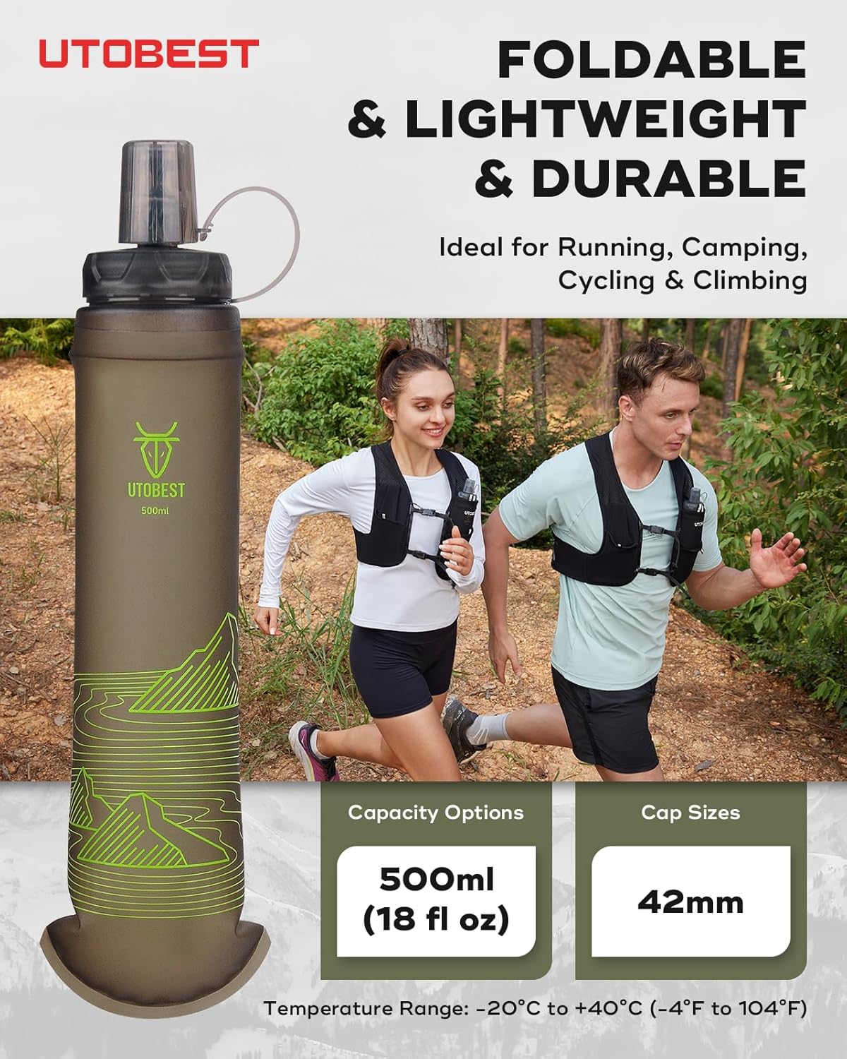 UTOBEST 500ml Soft Flask, 2 Pack Flexible TPU Hydration Water Bottle, Collapsible with 42mm Caliber for Running, Hiking, Cycling, Climbing, and Marathon Green