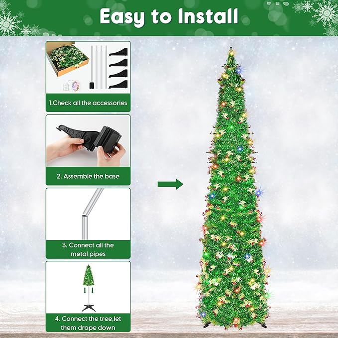 5FT Pop Up Christmas Tree with 90 LED Lights, Collapsible Christimas Tree Sled Sequins Tinsel Slim Pencil Christmas Xmas Tree for Home Holiday Fireplace Party Indoor Outdoor Decorations, Green