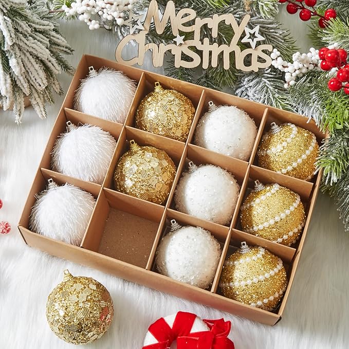 Gold Christmas Ball Ornaments, Christmas Ball Decorations Shatterproof Plastic Hanging Pearl Balls for Holiday Party(70mm/2.76", 12ct)