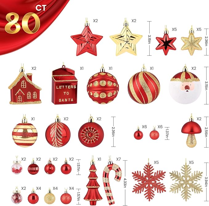 SHareconn 80ct Christmas Balls Ornaments Set, Shatterproof Plastic Colorful Xmas Decorative, Baubles for Tree Decorations with Hanging Strings, Red & Gold