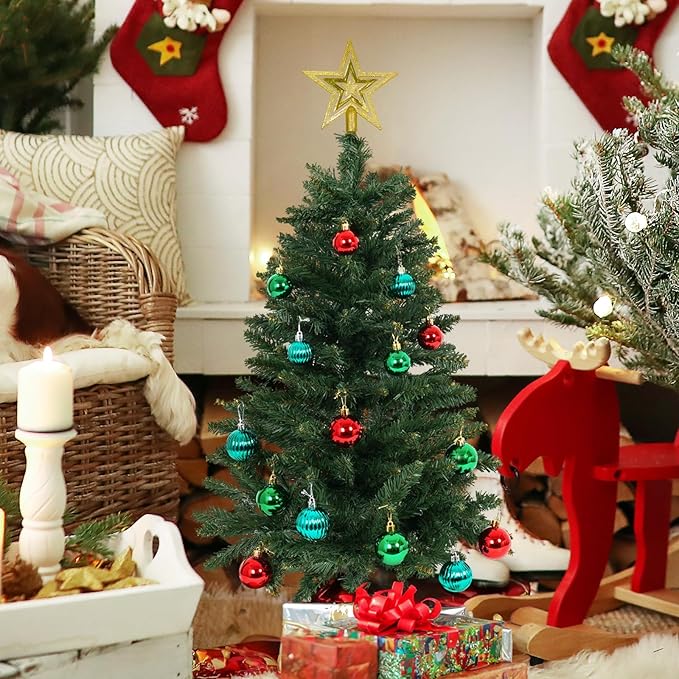 Sunshine Green Christmas Tree with Light 3ft Artifical Full Christmas Tree with Ball & Star Ornaments 8 Lighting Modes for Holiday Decor