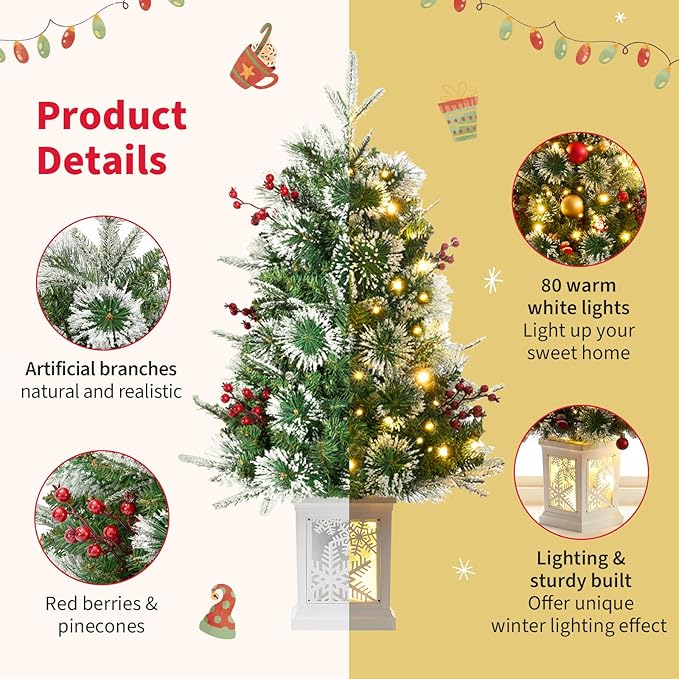 2 Pack Small 3FT Pre-Lit Snow Flocked Christmas Tree with Twinkling Lights for Home Office Christmas Decor- Battery Operated & Timer (Snowflake Base)