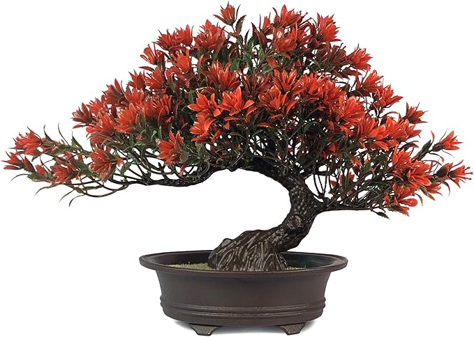 Artificial Bonsai Tree - Fake Plants for Home Decor, Bookshelf Coffee Table Office Desk Bathroom Farmhouse Indoor Decor, 9.5" Tall, Red