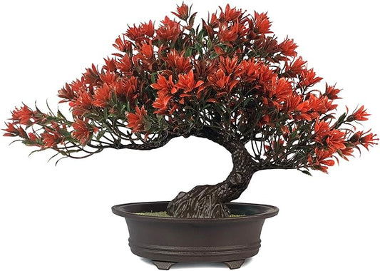 Artificial Bonsai Tree - Fake Plants for Home Decor, Bookshelf Coffee Table Office Desk Bathroom Farmhouse Indoor Decor, 9.5" Tall, Red