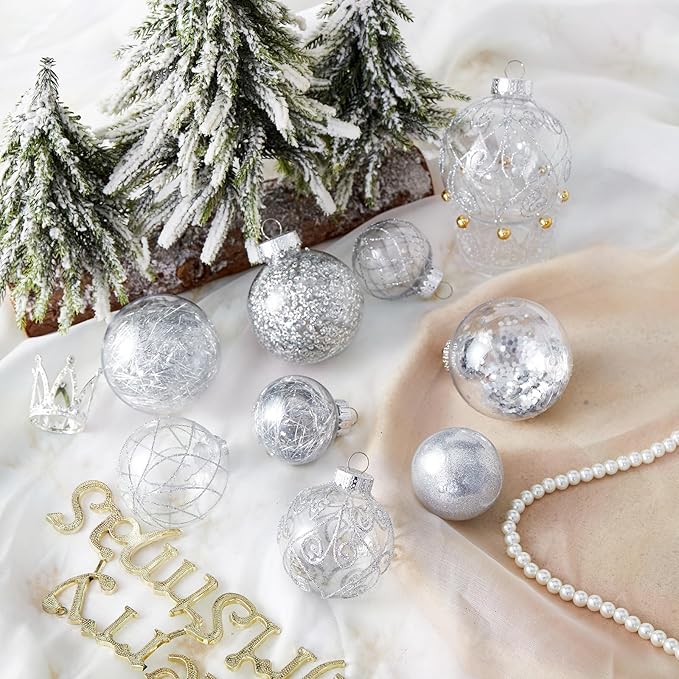 Wironlst Christmas Ball Ornaments Shatterproof Clear Large Plastic Hanging Ball Decorative Baubles Set with Stuffed Delicate Decorations (Multi-Size, Silver)