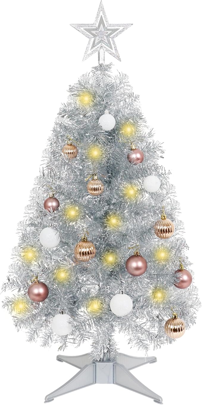 Sunshine Silver Christmas Tree with Light 3ft Artifical Full Christmas Tree with Ball & Star Ornaments 8 Lighting Modes for Holiday Decor