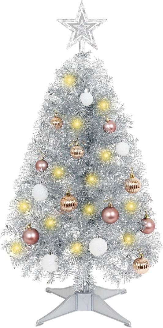 Sunshine Silver Christmas Tree with Light 3ft Artifical Full Christmas Tree with Ball & Star Ornaments 8 Lighting Modes for Holiday Decor