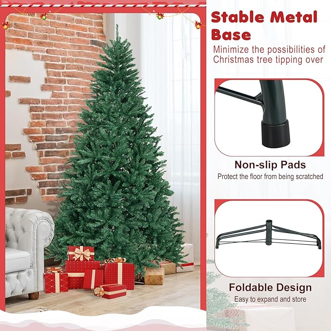 HAPPYGRILL 7.5FT Artificial Xmas Tree, Hinged Fake Xmas Tree with 2254 PVC Branch Tips, Foldable Metal Stand, A Pair of Gloves, Seasonal Decoration Tree for Home Office Party Festival