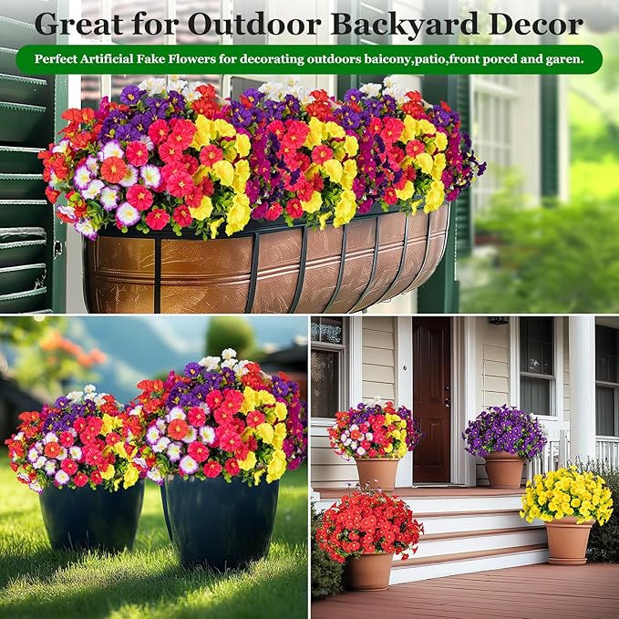 Lnoicy Artificial Flowers for Outdoor 14 Bundles Eucalyptus Fake Flowers for Planter,UV Resistant Fake Morning Glory for Home/Porch/Garden Decoration（7 Color）