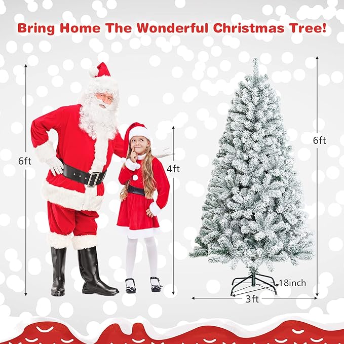 COSTWAY 6 FT Snow Flocked Christmas Tree, Artificial Holiday Hinged Pine Tree with 600 Branch Tips, Solid Metal Stand, Premium Xmas Full Fake Tree for Home, Office, Party Decoration