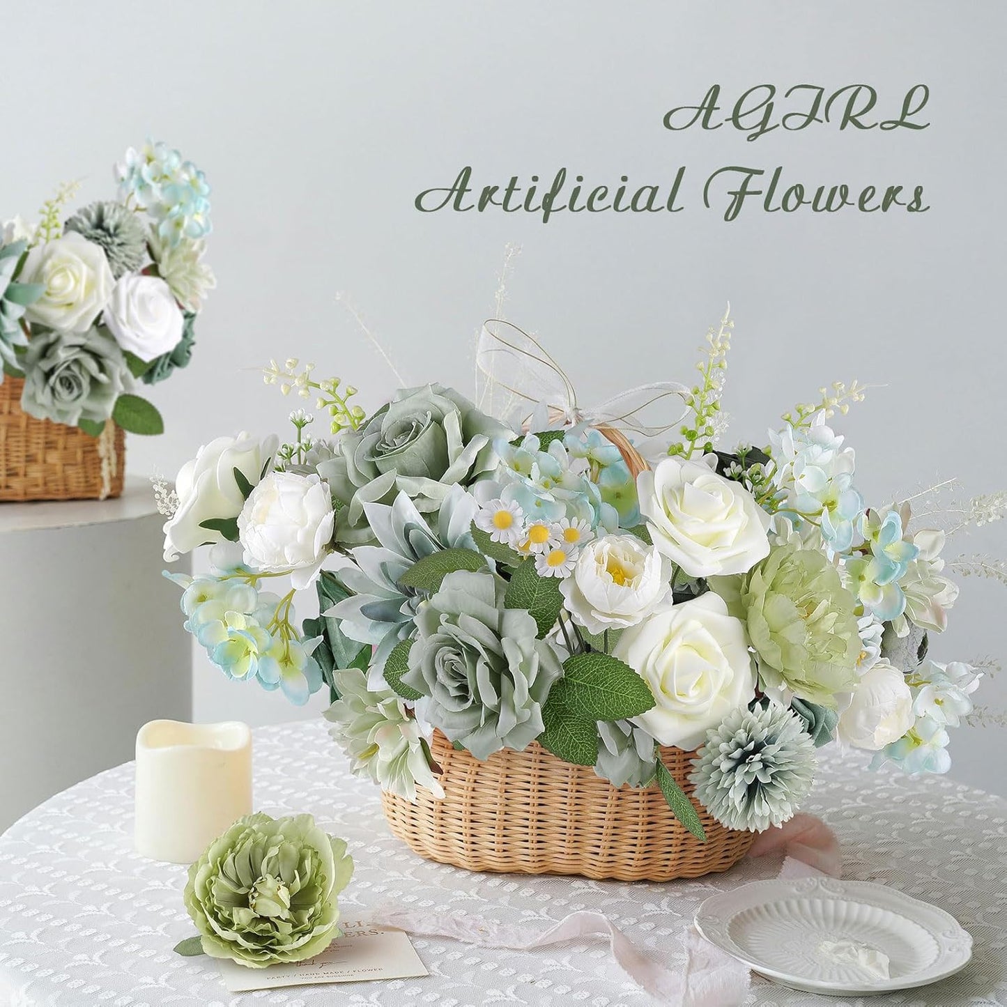 AGIRL Artificial Flowers Combo Silk Mix Green Fake Flower with Stems for DIY Wedding Bouquets Centerpieces Arrangements Table Chair Decor Baby Shower Home Decor (Sage Green)