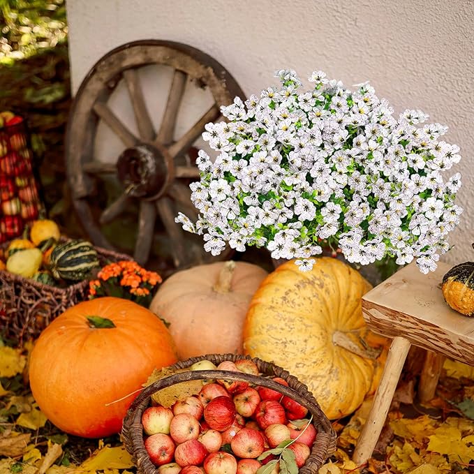 14 Bundles Fake Mums Fake Plants Artificial Mums for Outdoors Artificial Flowers for Yard Porch Home Garden Fall Indoor Outdoor Decor(White)