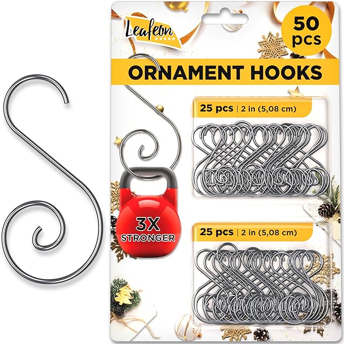 Leafeon 50 Pack S-Shaped Christmas Ornament Hooks – Great S-Shaped Ornament Hangers for Christmas Tree Decoration (Silver)