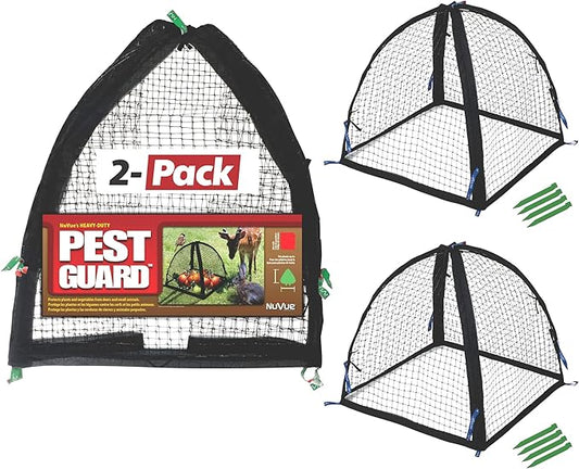 NuVue Products 32102 Pop-Up Garden Netting Pest Guard Covers with Ground Spikes, Mesh Plant Cover Tents for Pest and Animal Control, Pack of 2, Black, 28" x 28" x 30"