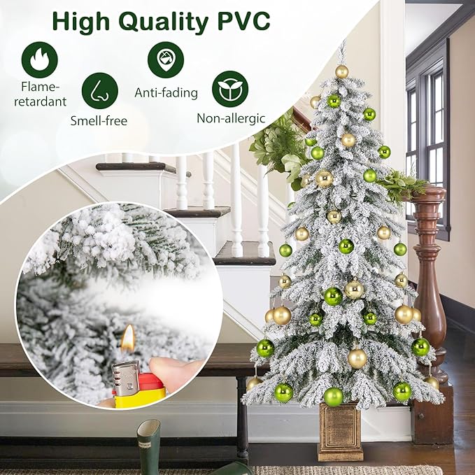 GOFLAME 6FT 2 Pack Potted Artificial Christmas Tree, Snow Flocked Xmas Tree with 589 Branch Tips, 48 Decorative Balls & Vintage Flowerpot, Hinged Holiday Decoration Tree for Home Party Entrance