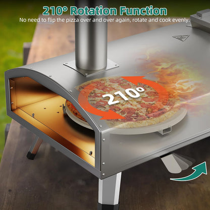 YTIAHOME Multi-Fuel Outdoor Pizza Oven with Rotating, 12" Wood and Gas Fired Pizza Oven with Built-in Thermometer, Dual Fuel Pizza Maker with Peel, Stone, Carry Cover, Recipes for Backyard Camp