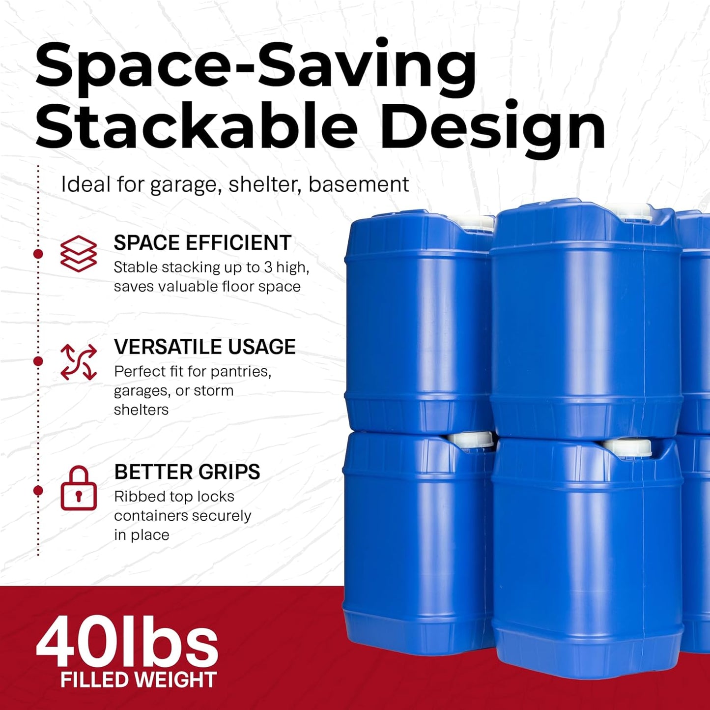 Legacy Food Storage Emergency Water Storage Containers, Long Term 5 Gallon Water Tank - 2 Stackable Food Grade Tanks Included, for Camping, Prepping, Survival - 10 Gallon Total Capacity
