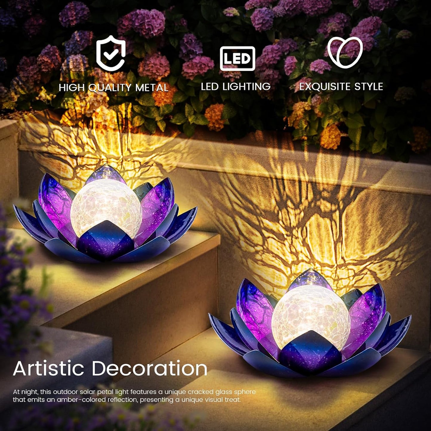 Huaxu Solar Lights for Outdoor Decor, Purple Lotus Flower Light, Waterproof LED Crackle Globe Glass Lamp for Garden, Patio, Yard, Porch, Pathway, Ground, Tabletop Christmas Gifts for Mom,Women