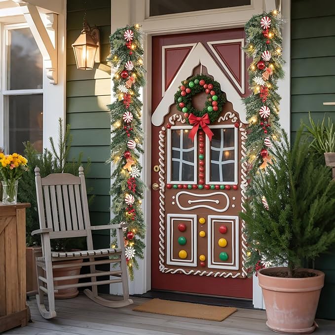 6 ft Gingerbread Christmas Garland with 30 Lights with Timer/Baking Holiday Decor/prelit Whimsical Gingerbread Kitchen Decor/Lighted Door Hanger .Stairs,Mantel,Porch Decoration