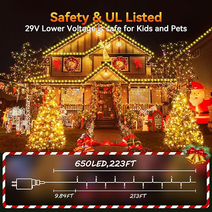 Hezbjiti Upgrade 223FT Christmas Fairy Lights - 650LED, 8 Modes, Timer, Dimmable, IP44 Waterproof, Plug-in for Xmas House Yard Fence Tree Decorations (Warm White)