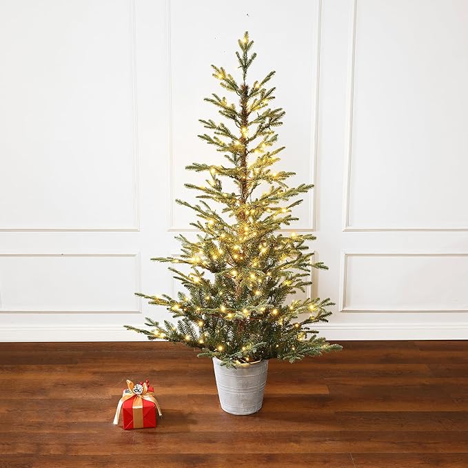 LuxenHome 5FT Potted Christmas Tree with Lights, Slim Small Christmas Trees with 200 Warm White LED Lights, Realistic Fir Artificial Xmas Tree with White Pot for Holiday Display