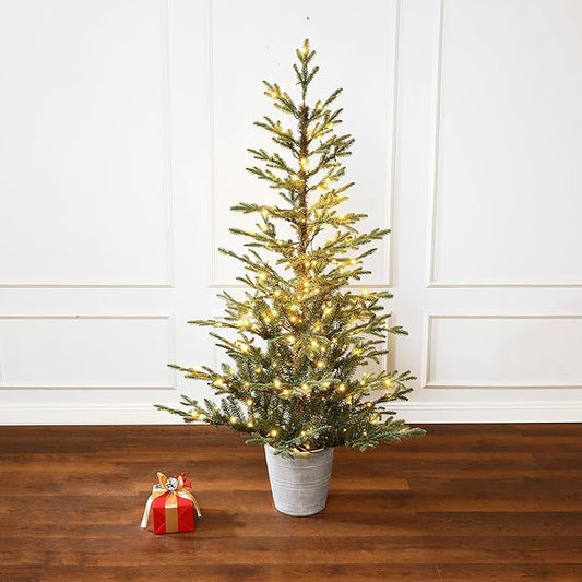 LuxenHome 5FT Potted Christmas Tree with Lights, Slim Small Christmas Trees with 200 Warm White LED Lights, Realistic Fir Artificial Xmas Tree with White Pot for Holiday Display